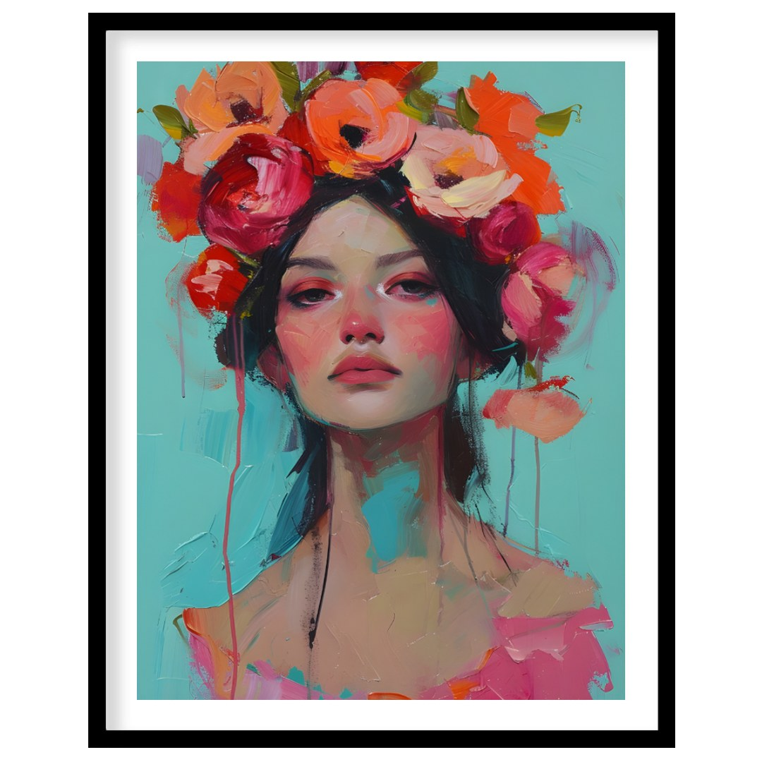 This painting captures a moment of serene beauty with a woman adorned in a vibrant crown of colorfu… for lovely house