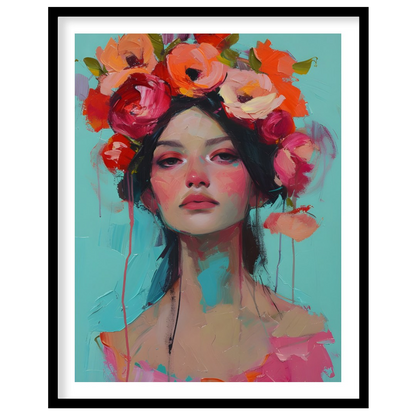This painting captures a moment of serene beauty with a woman adorned in a vibrant crown of colorfu… for lovely house