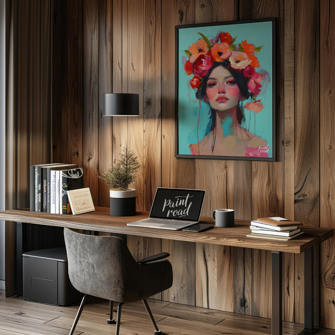 This painting captures a moment of serene beauty with a woman adorned in a vibrant crown of colorfu… for office