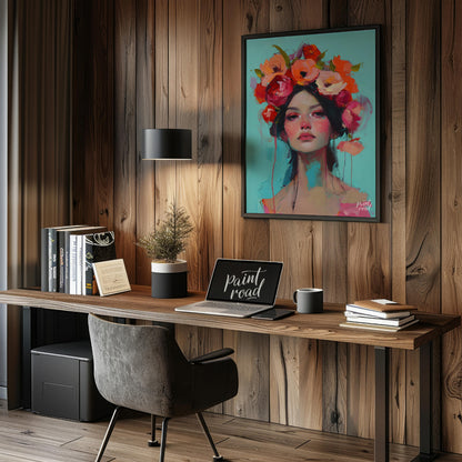 This painting captures a moment of serene beauty with a woman adorned in a vibrant crown of colorfu… for office