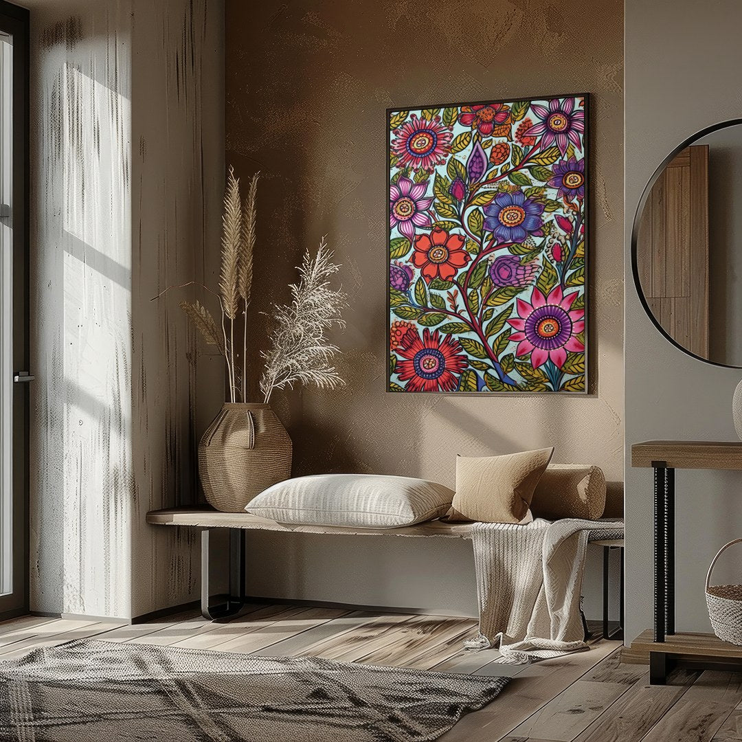 Immerse yourself in a botanical dream with this stunning floral art piece. Rich in vibrant colors for area