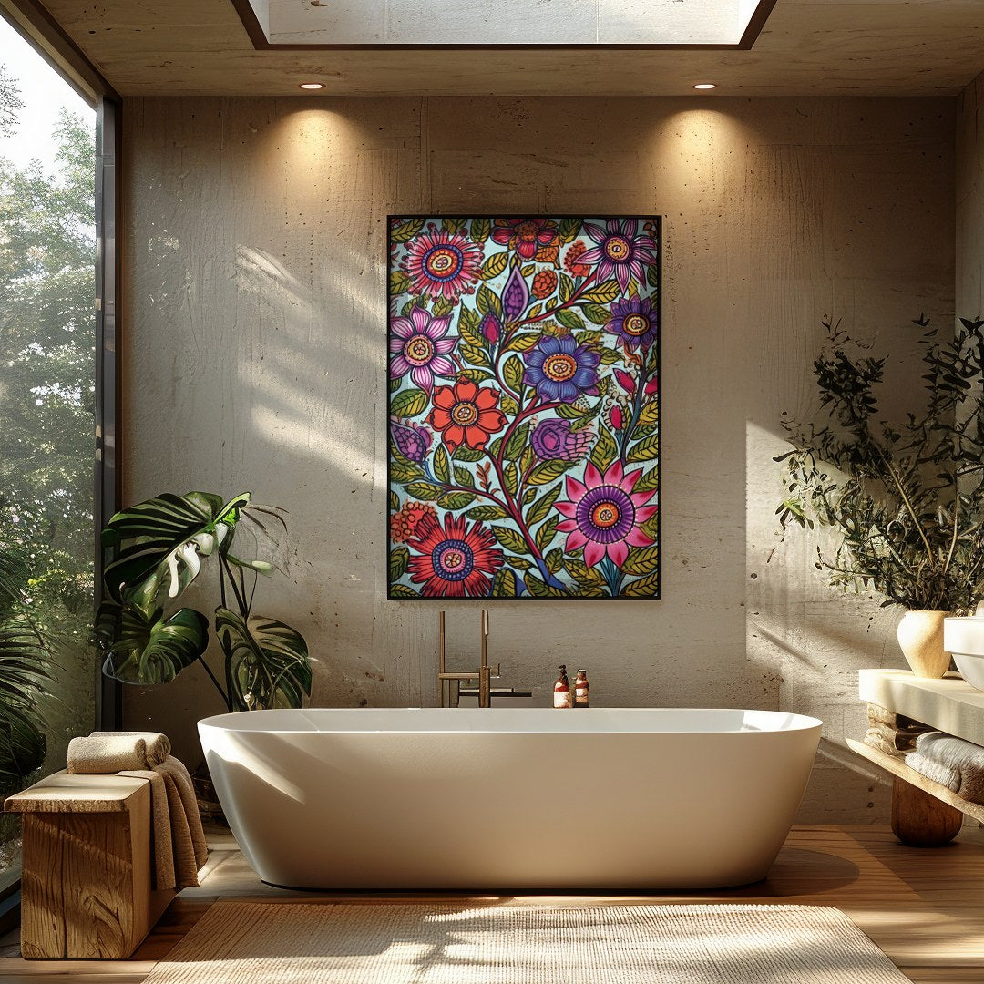 Immerse yourself in a botanical dream with this stunning floral art piece. Rich in vibrant colors for Bathroom