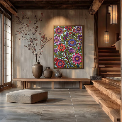 Immerse yourself in a botanical dream with this stunning floral art piece. Rich in vibrant colors for Hall