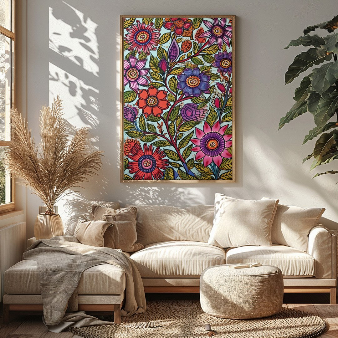 Immerse yourself in a botanical dream with this stunning floral art piece. Rich in vibrant colors for Sitting Area