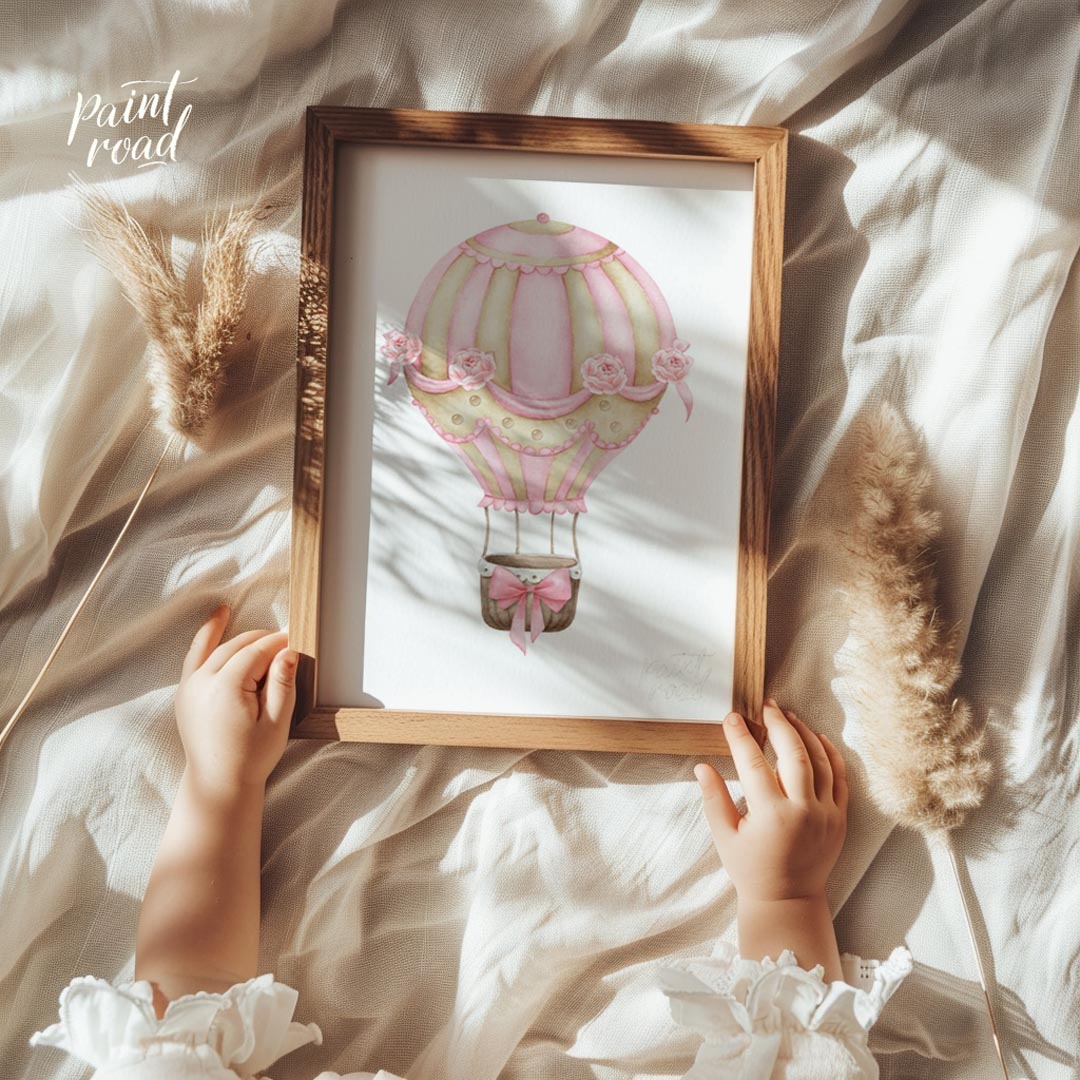 This elegant watercolor artwork features a beautifully decorated hot air balloon adorned with alter… for nursery