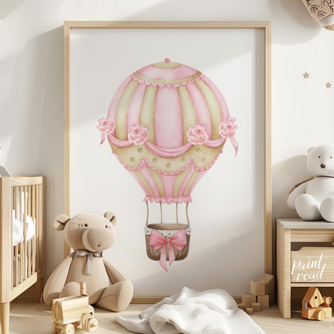 This elegant watercolor artwork features a beautifully decorated hot air balloon adorned with alter… for nursery