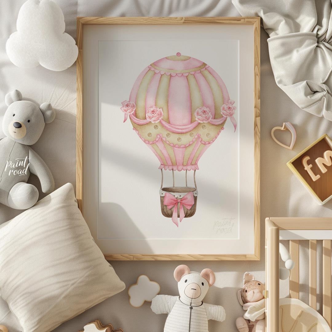 This elegant watercolor artwork features a beautifully decorated hot air balloon adorned with alter… for nursery
