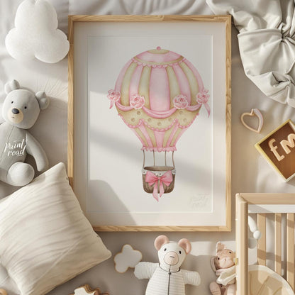 This elegant watercolor artwork features a beautifully decorated hot air balloon adorned with alter… for nursery