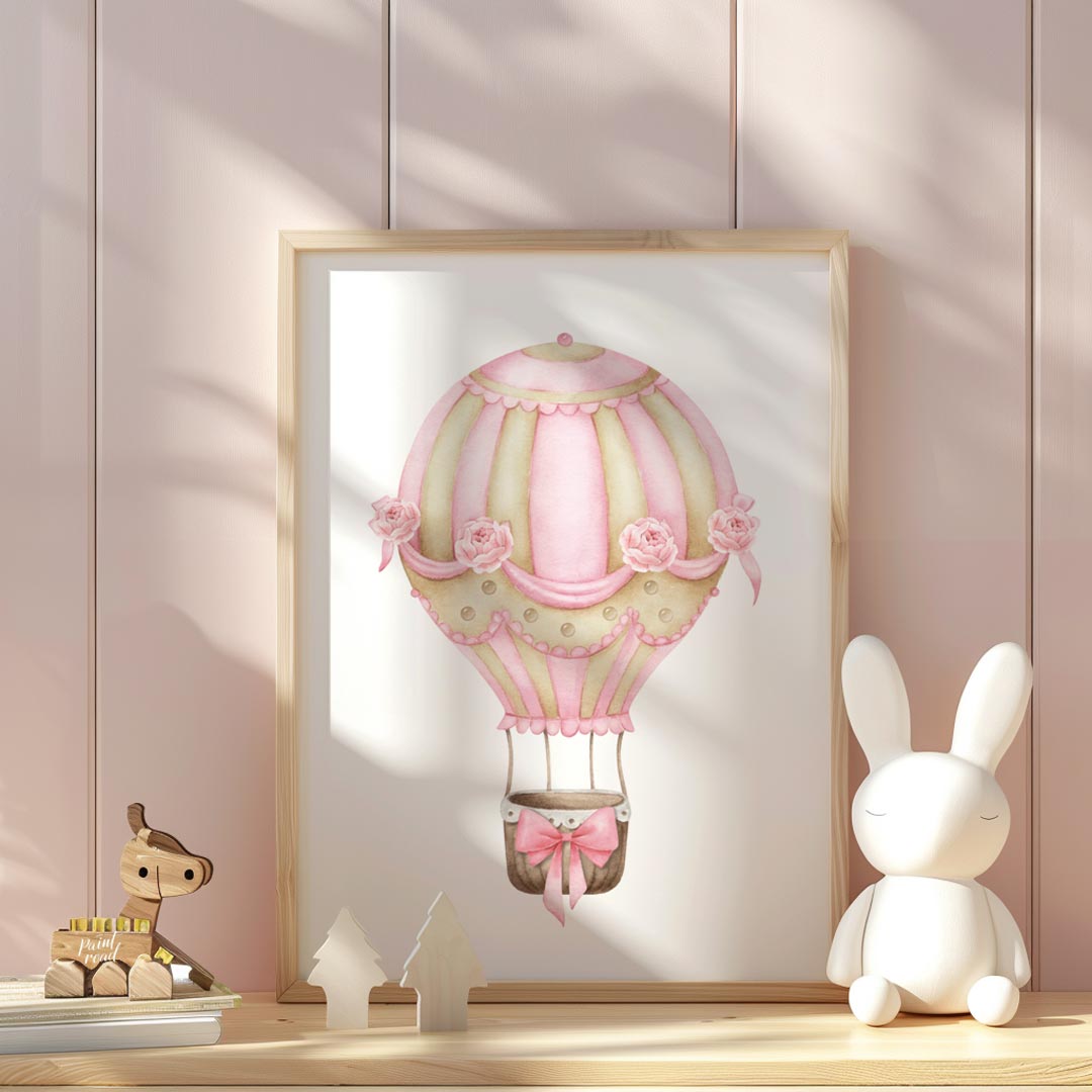 This elegant watercolor artwork features a beautifully decorated hot air balloon adorned with alter… for nursery
