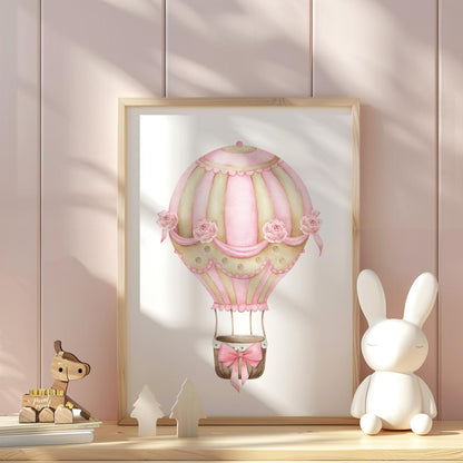 This elegant watercolor artwork features a beautifully decorated hot air balloon adorned with alter… for nursery