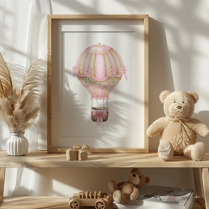 This elegant watercolor artwork features a beautifully decorated hot air balloon adorned with alter… for nursery