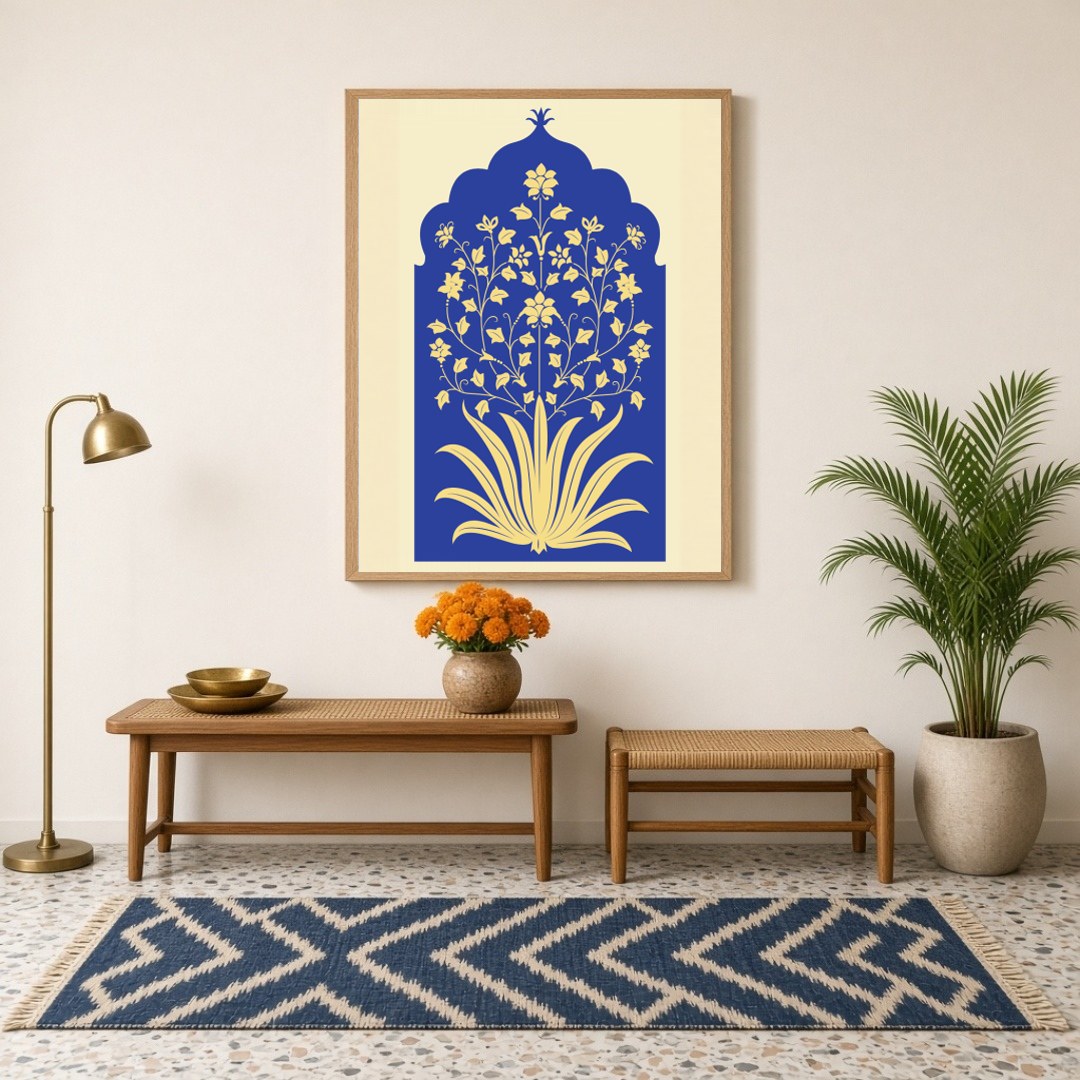 Experience the timeless elegance of Mughal art with this stunning floral composition. The intricate for Hallway