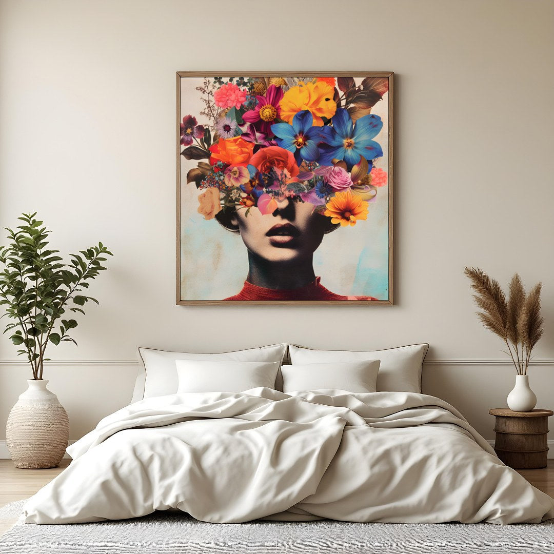 This captivating piece merges the ethereal beauty of floral blooms with the enigmatic allure of a for Bedroom