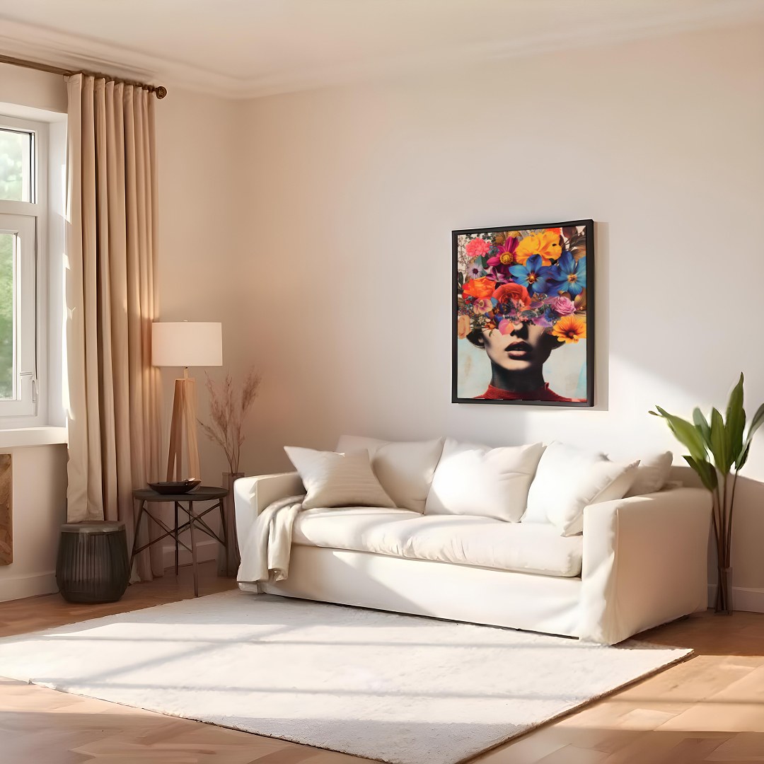 This captivating piece merges the ethereal beauty of floral blooms with the enigmatic allure of a for Family Room