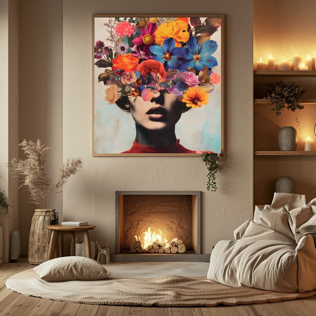 This captivating piece merges the ethereal beauty of floral blooms with the enigmatic allure of a for Hall