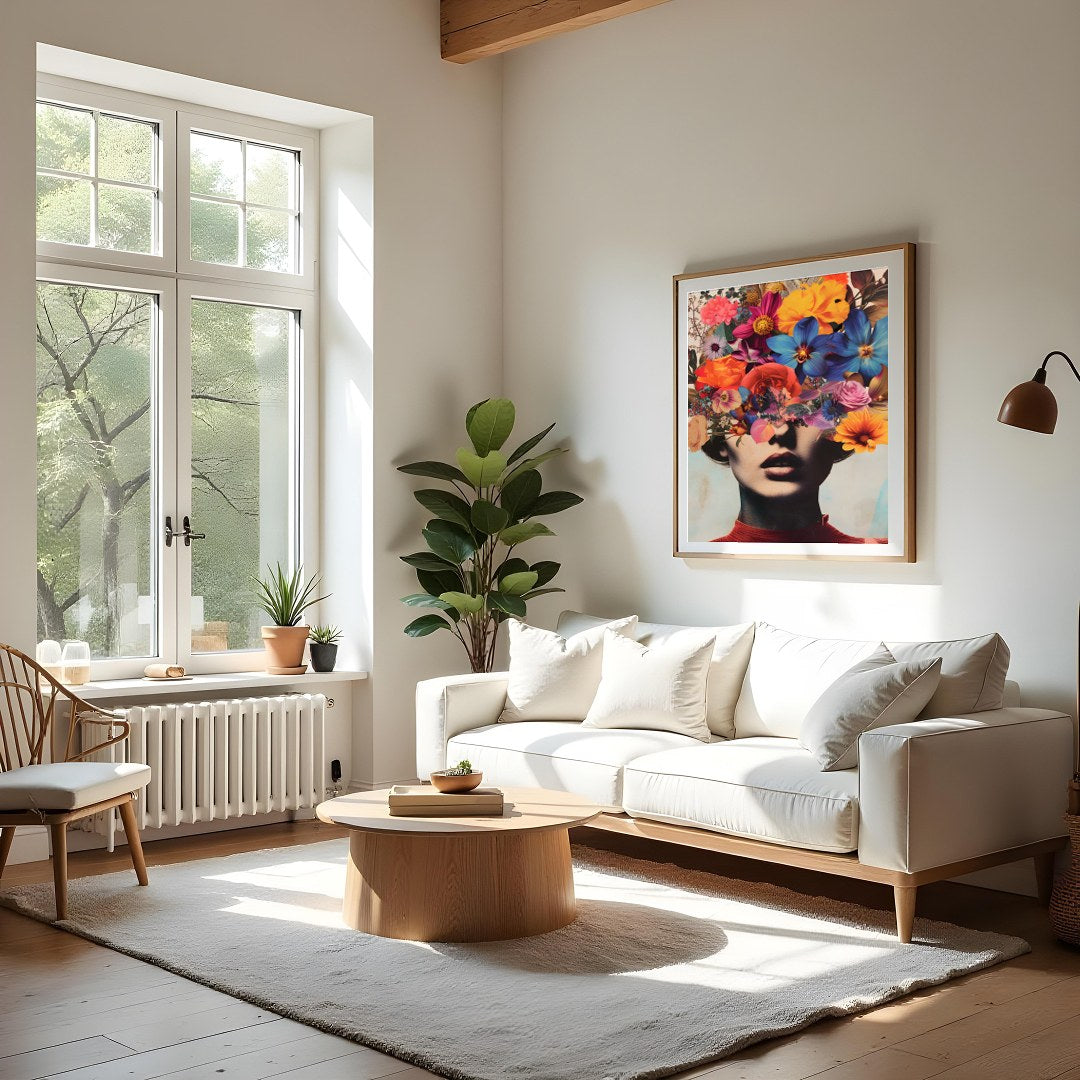This captivating piece merges the ethereal beauty of floral blooms with the enigmatic allure of a for Living Room