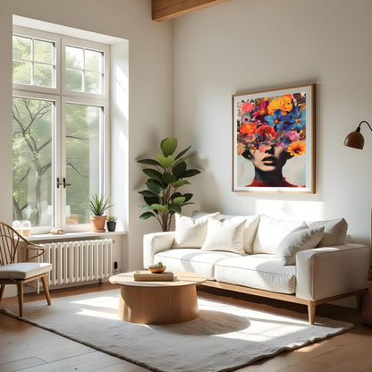 This captivating piece merges the ethereal beauty of floral blooms with the enigmatic allure of a for Living Room