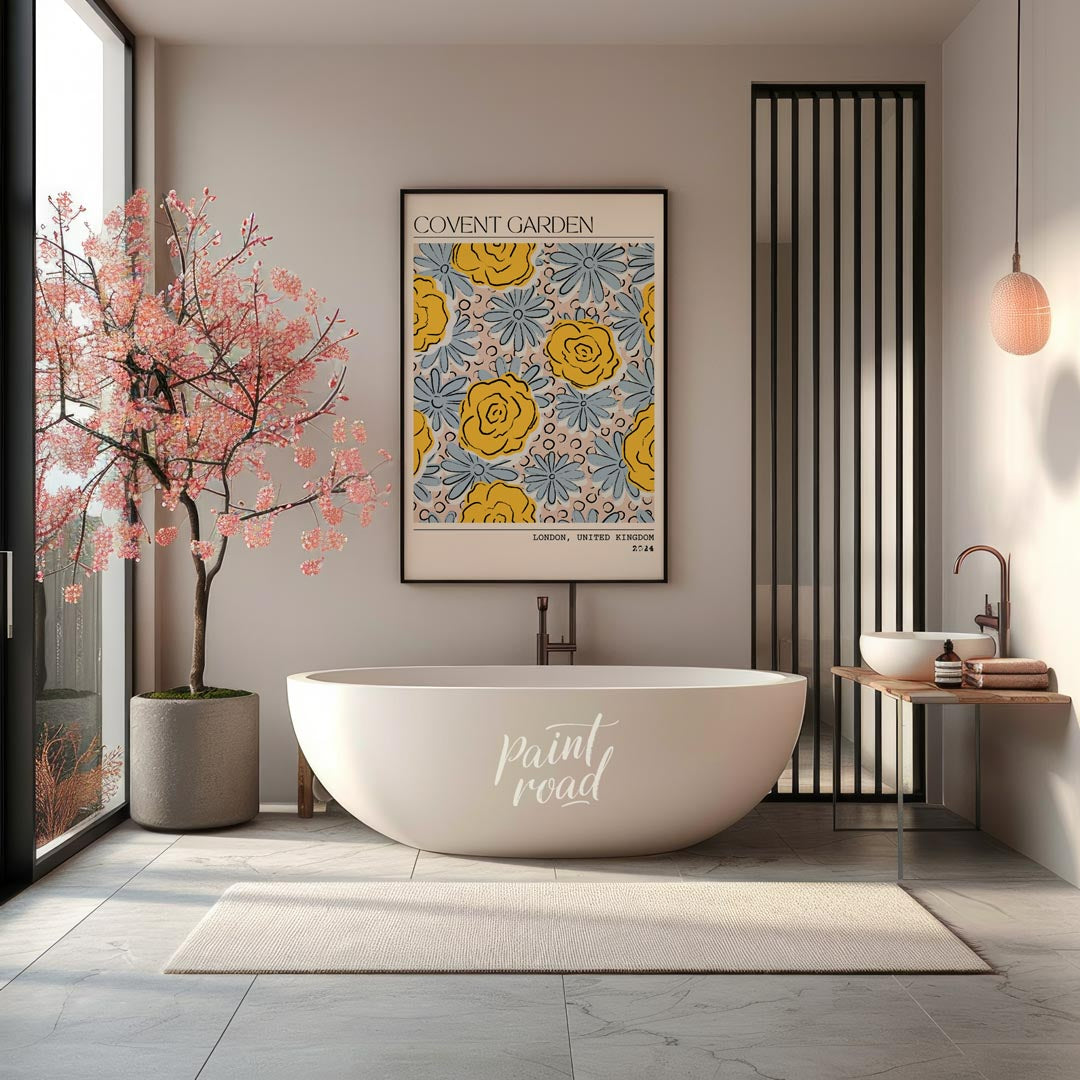 This charming art print captures the vibrant essence of a floral market, stylized with a contempora… for bathroom