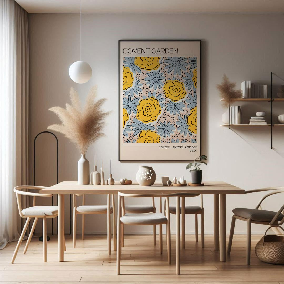 This charming art print captures the vibrant essence of a floral market, stylized with a contempora… for dining room
