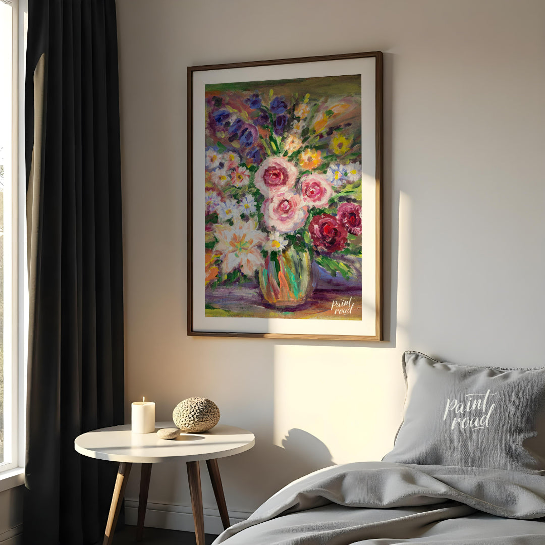 This vibrant painting captures a bouquet of flowers in a glass vase, rendered with bold, impression… for bedroom