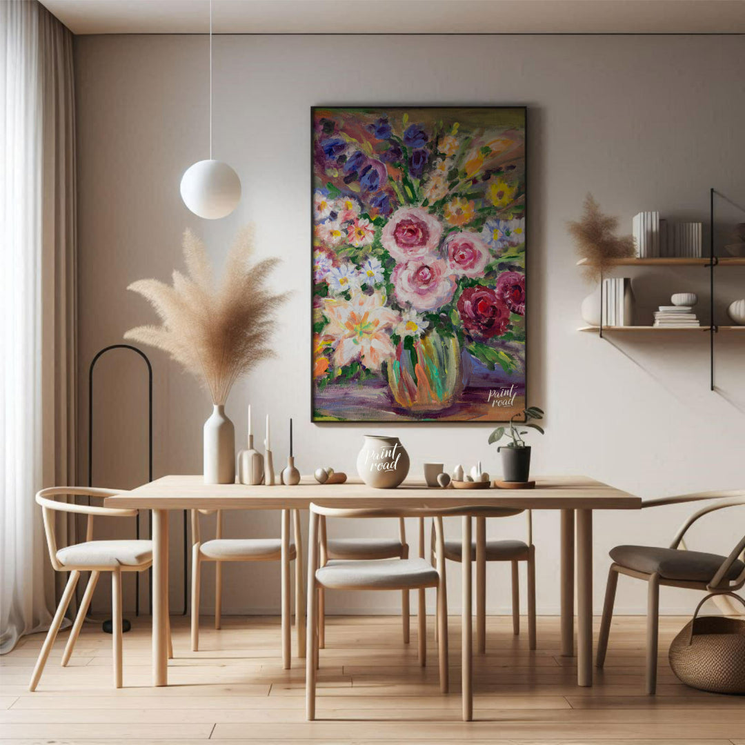 This vibrant painting captures a bouquet of flowers in a glass vase, rendered with bold, impression… for dining room