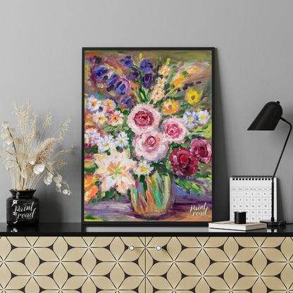This vibrant painting captures a bouquet of flowers in a glass vase, rendered with bold, impression… for living room
