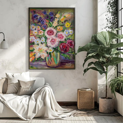 This vibrant painting captures a bouquet of flowers in a glass vase, rendered with bold, impression… for living room