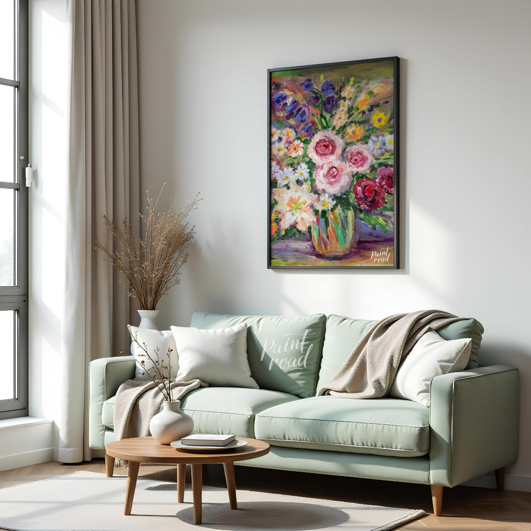 This vibrant painting captures a bouquet of flowers in a glass vase, rendered with bold, impression… for living room