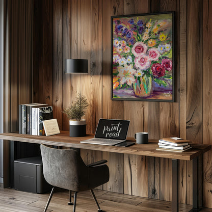 This vibrant painting captures a bouquet of flowers in a glass vase, rendered with bold, impression… for office