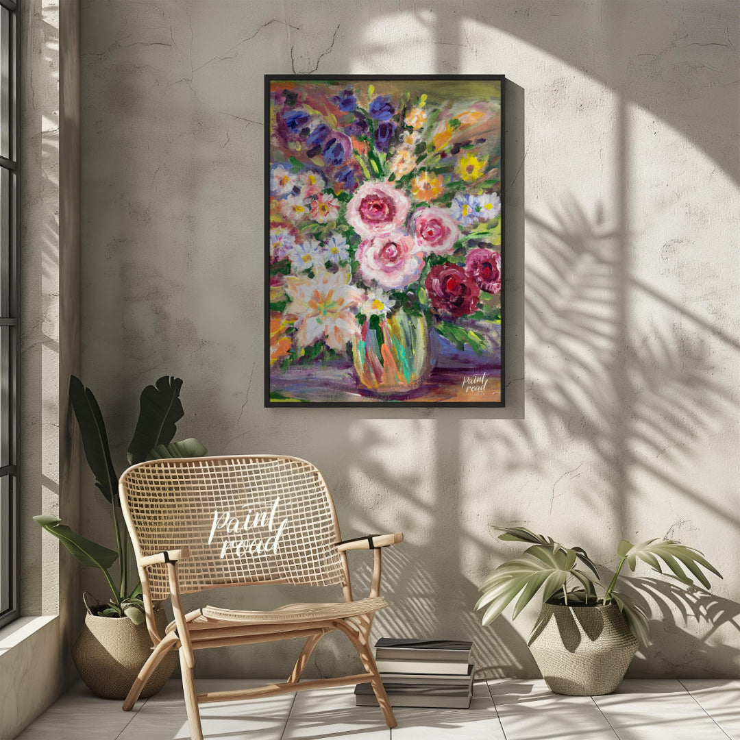 This vibrant painting captures a bouquet of flowers in a glass vase, rendered with bold, impression… for other