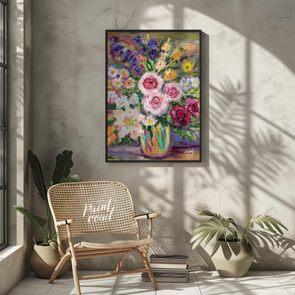 This vibrant painting captures a bouquet of flowers in a glass vase, rendered with bold, impression… for other