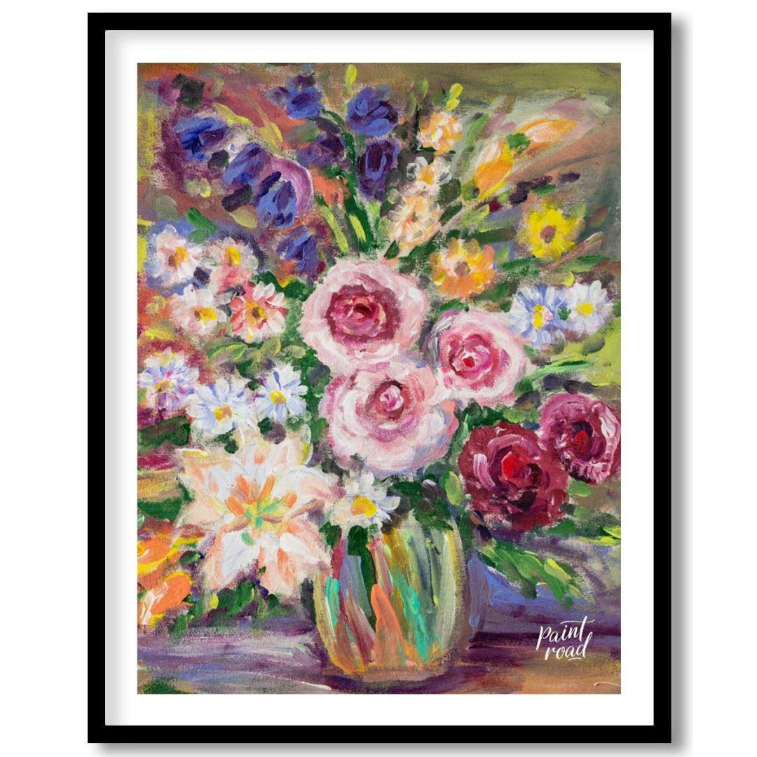 This vibrant painting captures a bouquet of flowers in a glass vase, rendered with bold, impression… for sweet home