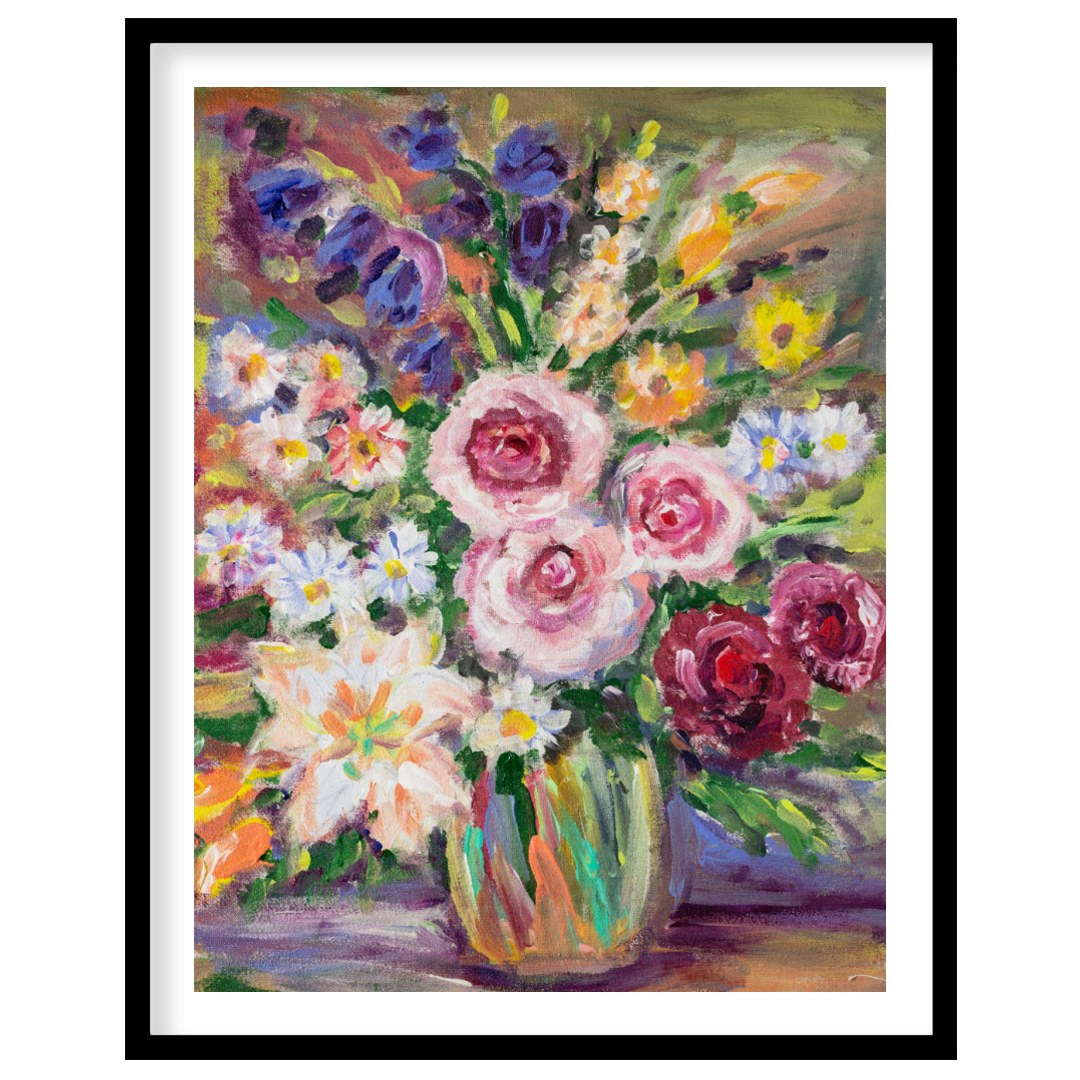 This vibrant painting captures a bouquet of flowers in a glass vase, rendered with bold, impression… for sweet home