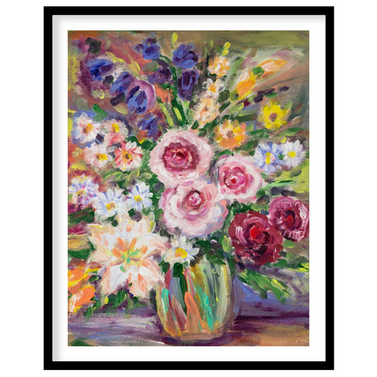 This vibrant painting captures a bouquet of flowers in a glass vase, rendered with bold, impression… for sweet home