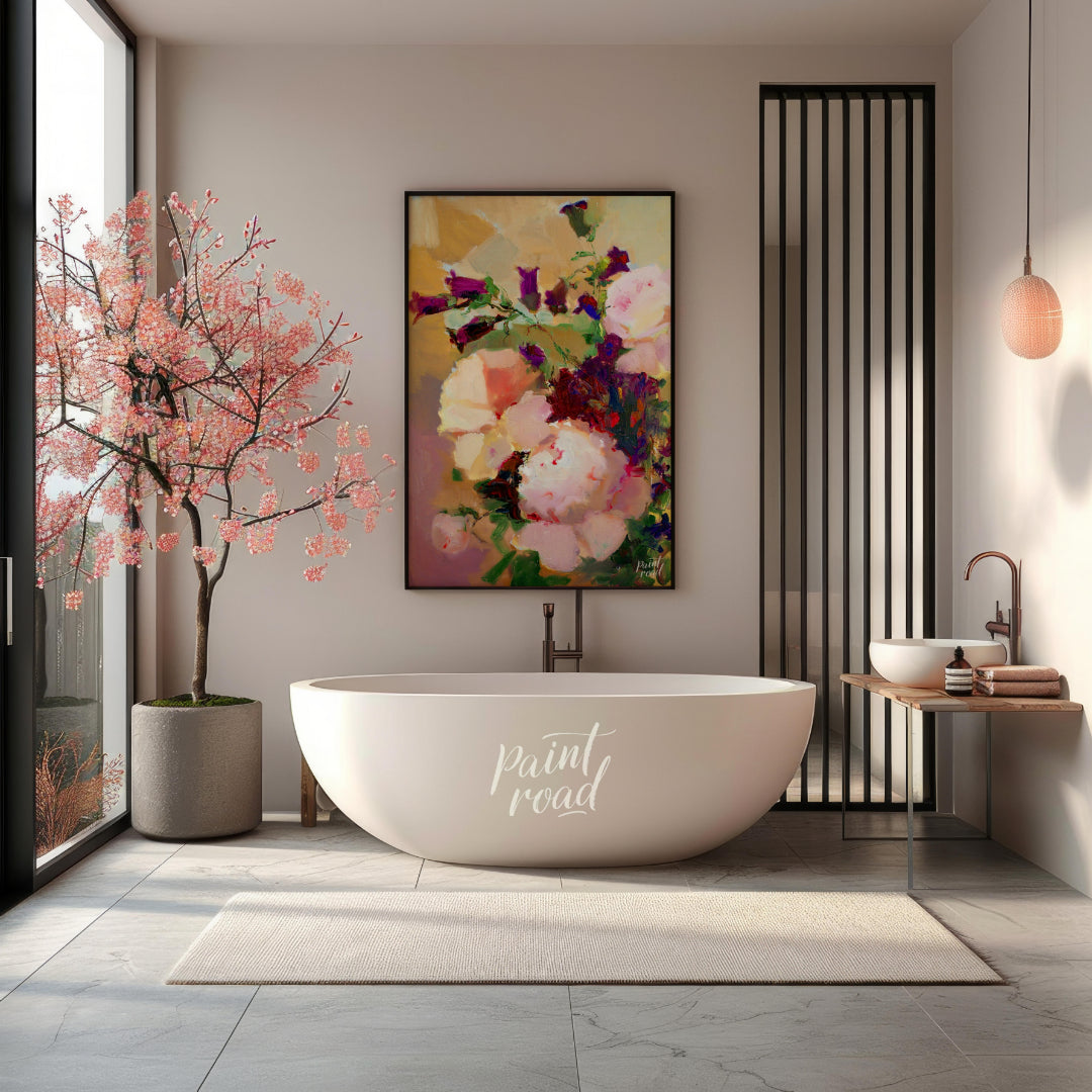 This painting captures a bouquet of flowers in a soft, impressionistic style, with gentle brushstro… for bathroom