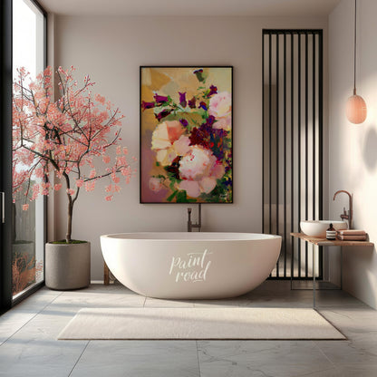 This painting captures a bouquet of flowers in a soft, impressionistic style, with gentle brushstro… for bathroom