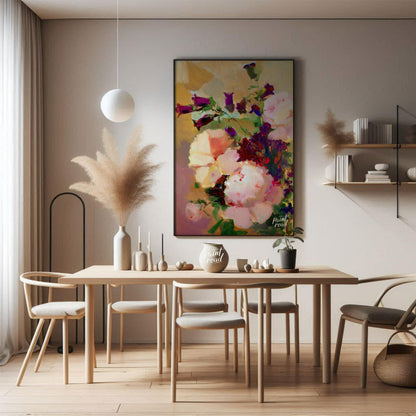 This painting captures a bouquet of flowers in a soft, impressionistic style, with gentle brushstro… for dining room