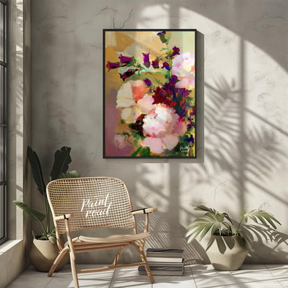 This painting captures a bouquet of flowers in a soft, impressionistic style, with gentle brushstro… for living room