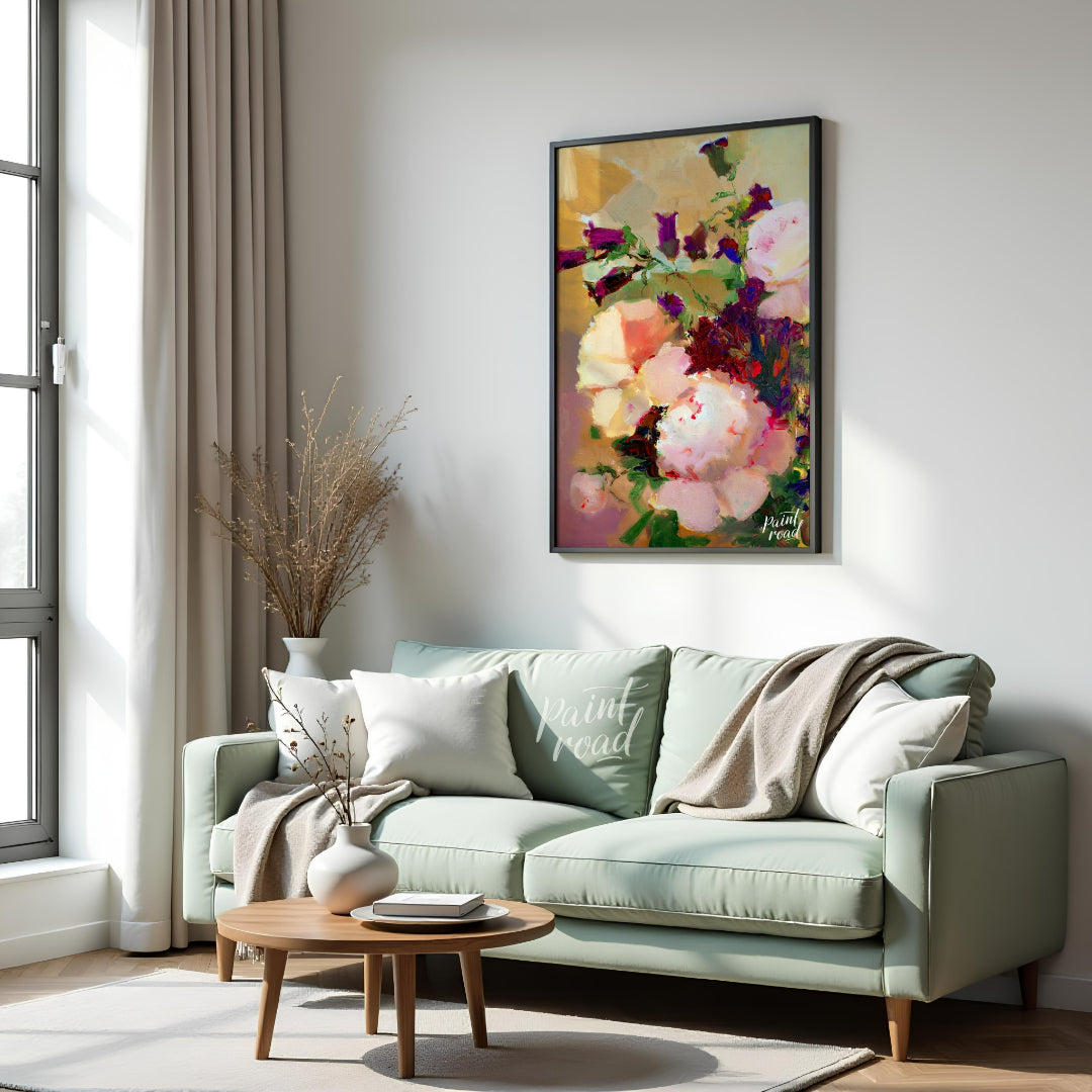 This painting captures a bouquet of flowers in a soft, impressionistic style, with gentle brushstro… for living room