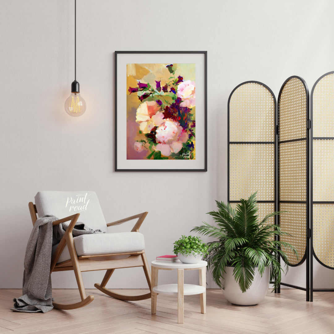 This painting captures a bouquet of flowers in a soft, impressionistic style, with gentle brushstro… for living room