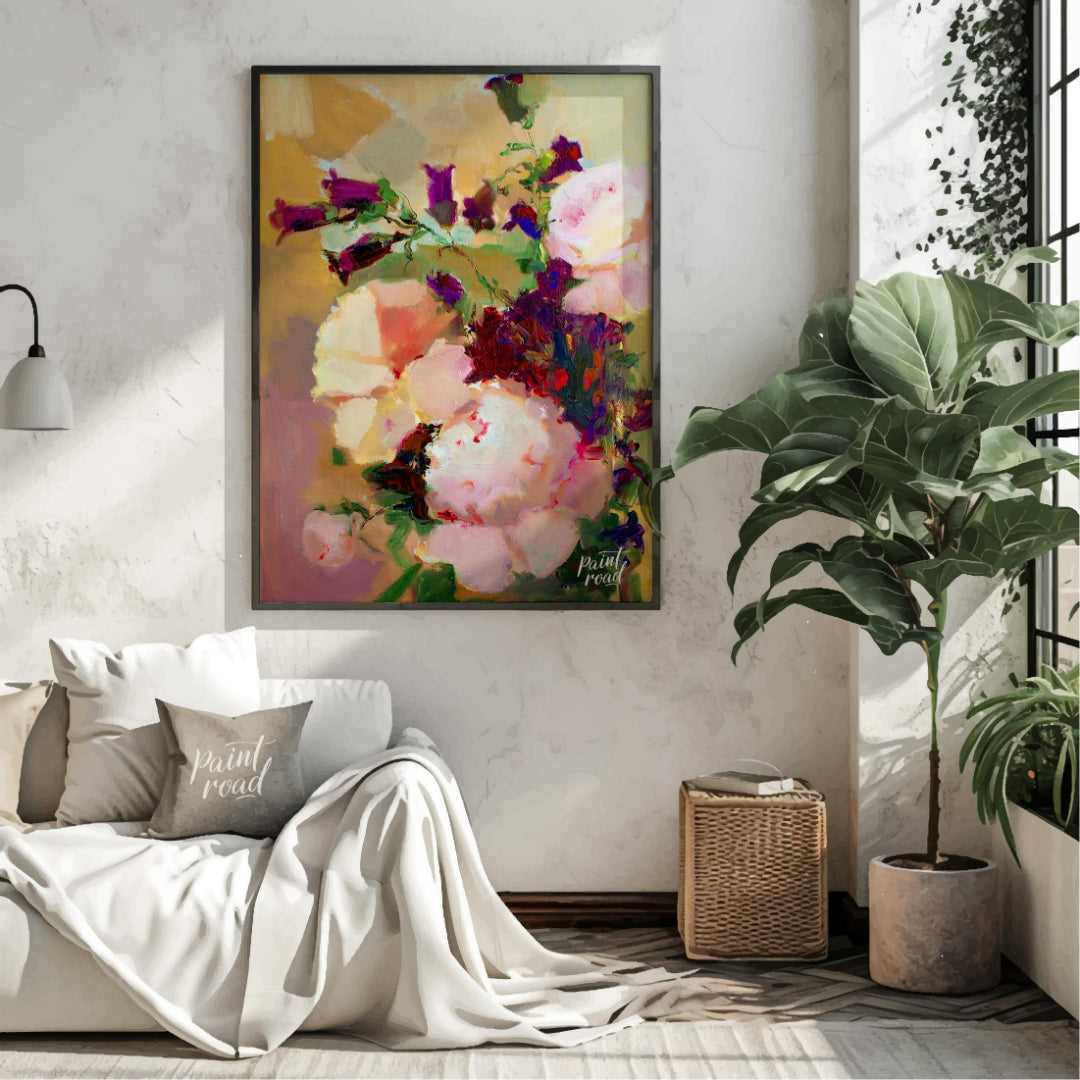This painting captures a bouquet of flowers in a soft, impressionistic style, with gentle brushstro… for living room