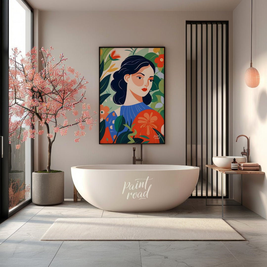 This captivating digital illustration features a stylized portrait of a woman with dark hair and a … for bathroom
