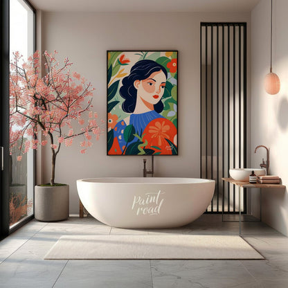 This captivating digital illustration features a stylized portrait of a woman with dark hair and a … for bathroom