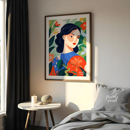 This captivating digital illustration features a stylized portrait of a woman with dark hair and a … for bedroom