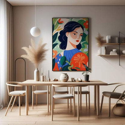 This captivating digital illustration features a stylized portrait of a woman with dark hair and a … for dining room