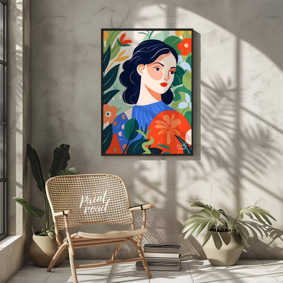 This captivating digital illustration features a stylized portrait of a woman with dark hair and a … for living room