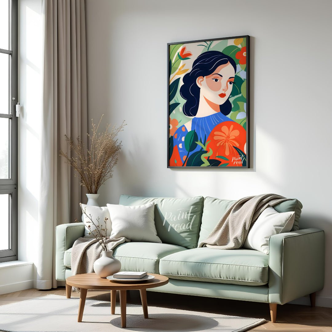 This captivating digital illustration features a stylized portrait of a woman with dark hair and a … for living room