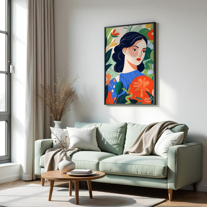 This captivating digital illustration features a stylized portrait of a woman with dark hair and a … for living room