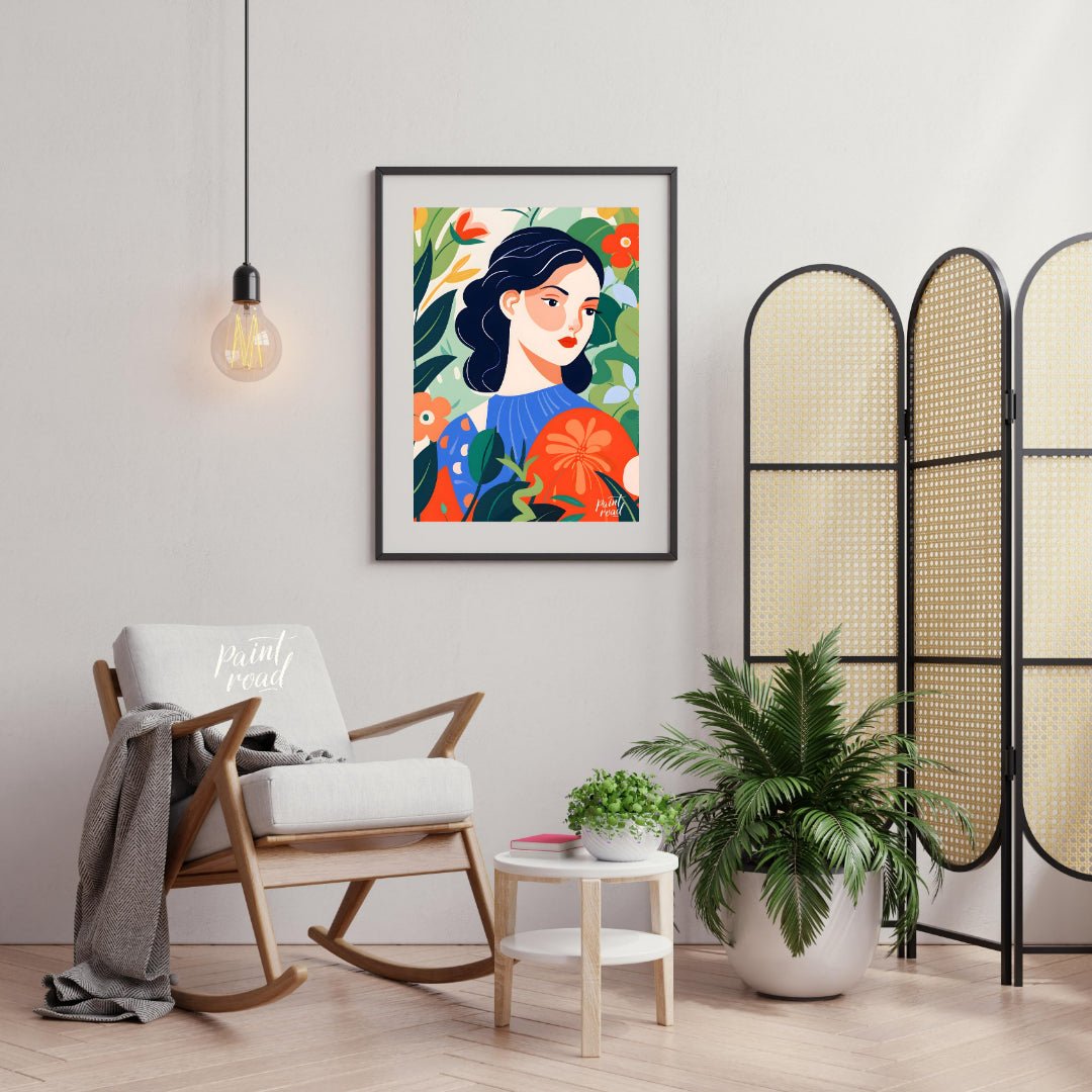 This captivating digital illustration features a stylized portrait of a woman with dark hair and a … for living room