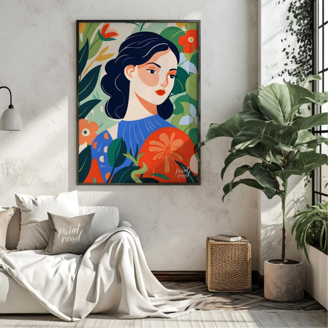 This captivating digital illustration features a stylized portrait of a woman with dark hair and a … for living room